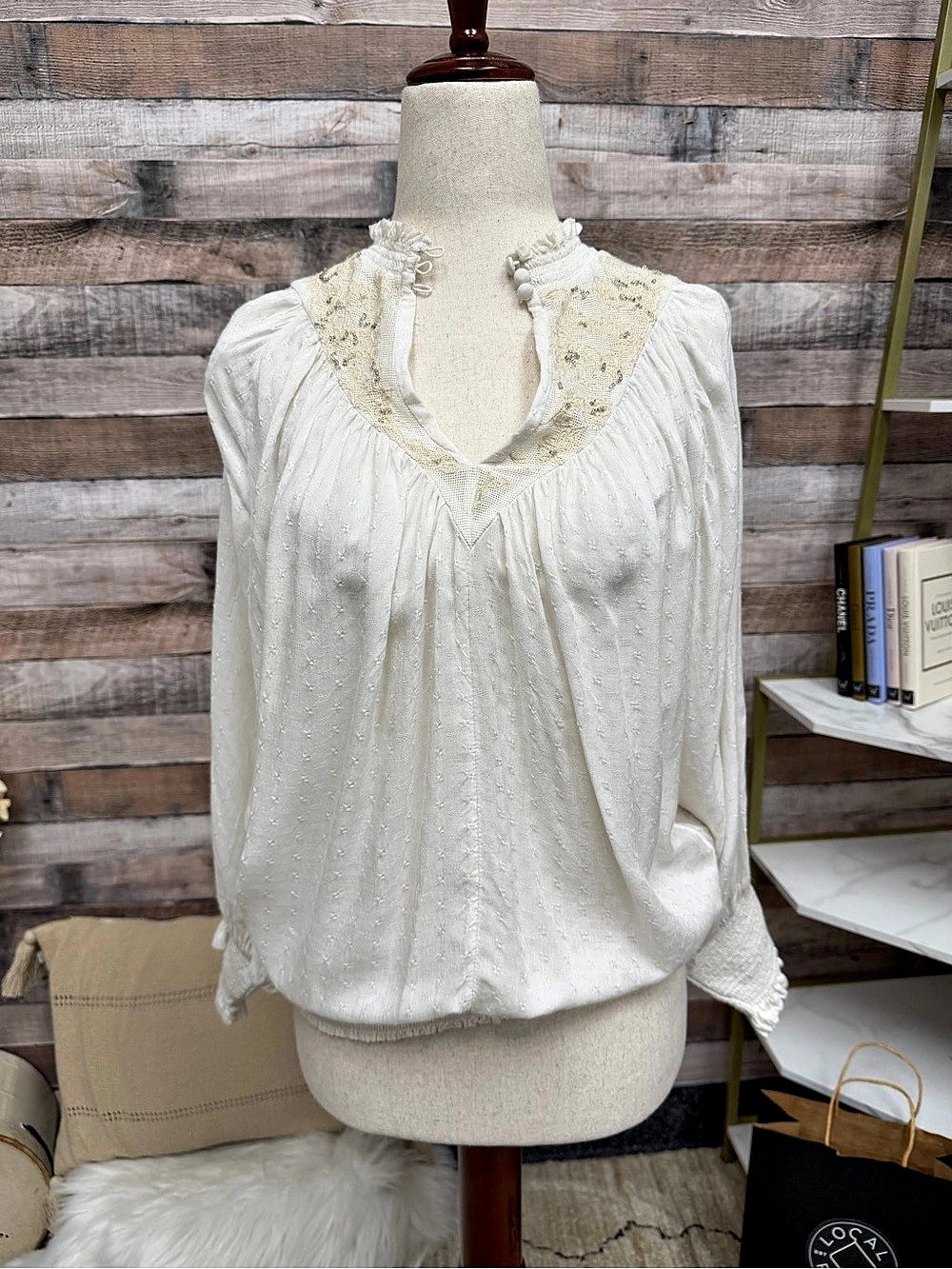 Anthropologie Cream Cotton and Lace Embroidered Blouse